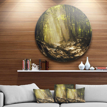 Sun Rays Through Green Trees - Landscape Photography Circle Metal Wall Decor